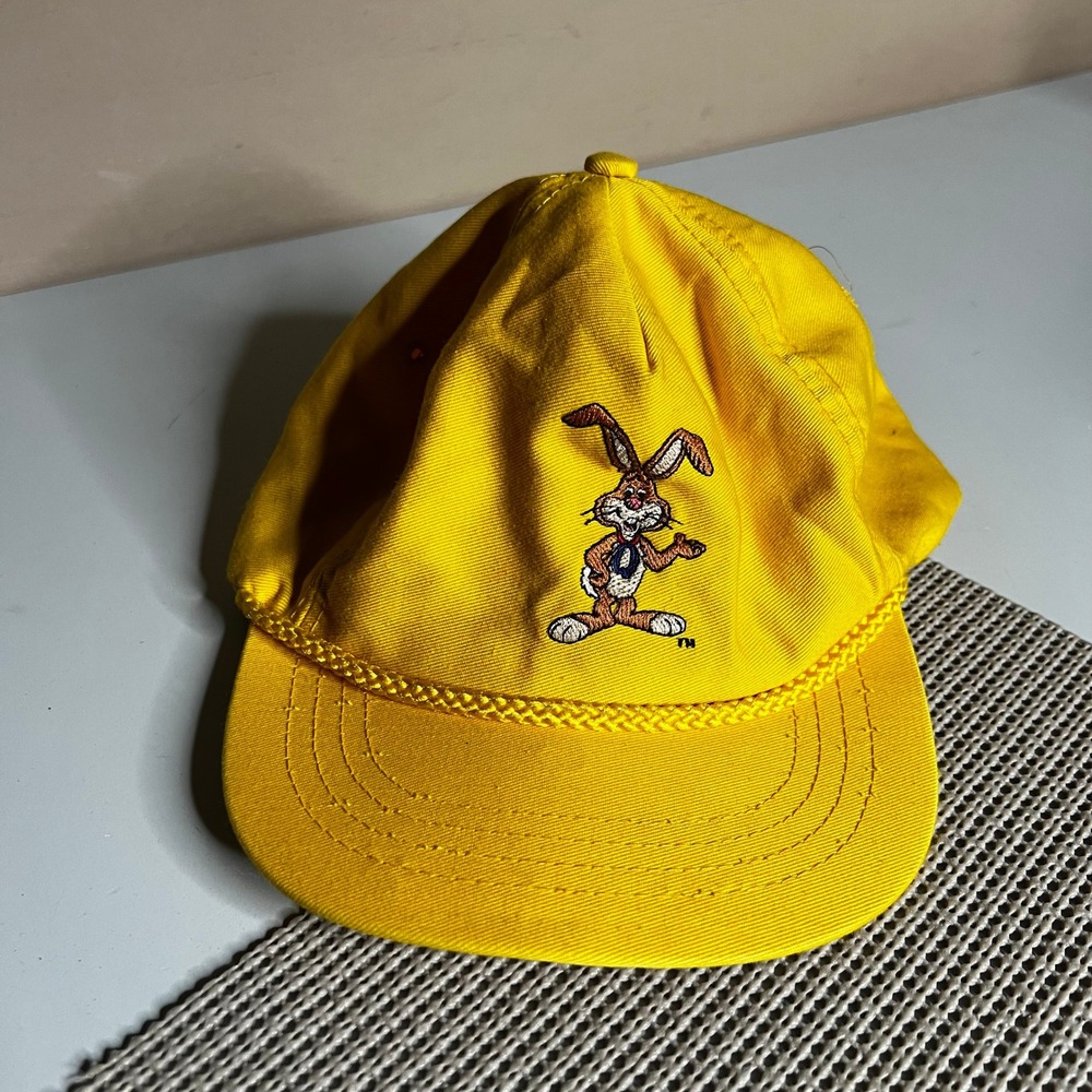 Vintage Yellow Rope Hat Embroidered Rabbit Mascot Leather Strapback Made in USA